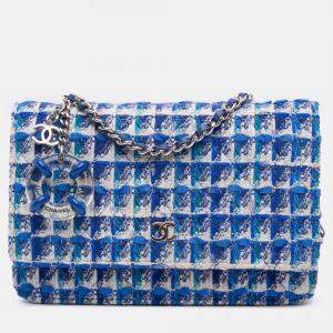 Pre Owned Chanel Blue Quilted Boucle Tweed Charm Wallet On Chain