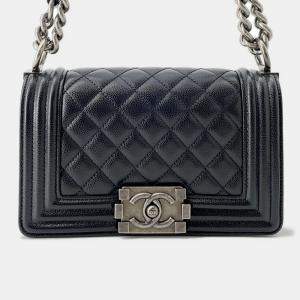 Pre Owned Chanel Boy Chanel Chain Shoulder Black Caviar Leather Size Small