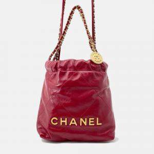 Pre Owned Chanel Chanel22 Red Calf Leather Mini Chain Shoulder Bag 