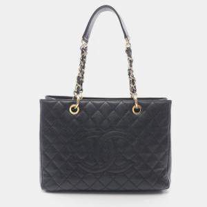Pre Owned Chanel Matelasse Black Calfskin Grand Shopping Tote Chain Bag GHW 