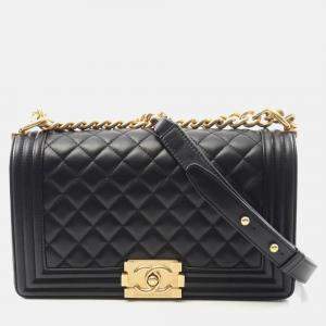 Pre Owned Chanel Boy Chanel Coco CC Black Lambskin Shoulder Bag GHW 