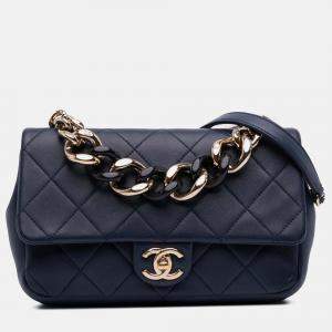 Pre Owned Chanel Blue Small Lambskin Elegant Chain Single Flap
