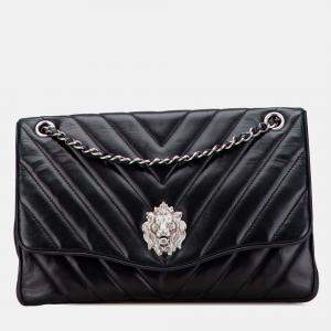 Pre Owned Chanel Black Jumbo Chevron Lambskin Leo Lion Flap
