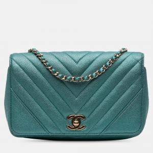 Pre Owned Chanel Blue Small Chevron Caviar Statement Flap