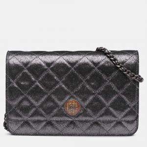 Pre Owned Chanel Silver Quilted Iridescent Lambskin Tartan Button Wallet On Chain