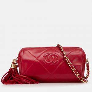 Pre Owned Chanel Red Mini Quilted Lambskin Tassel Barrel Crossbody