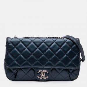 Pre Owned Chanel Blue Medium Quilted Glazed Calfskin Coco Pleats Flap