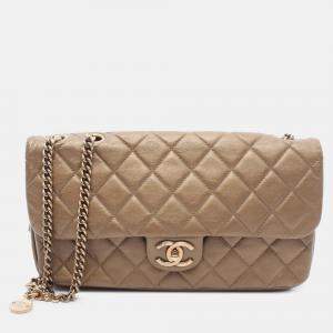 Pre Owned Chanel Brown Medium Quilted Metallic Lambskin CC Crown Flap