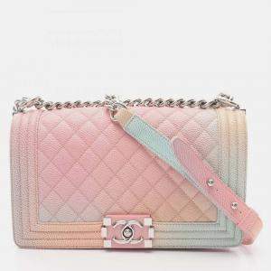 Pre Owned Chanel Pink Old Medium Quilted Caviar Rainbow Boy Flap