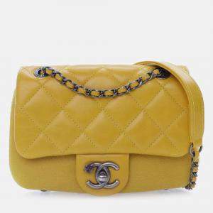 Pre Owned Chanel Yellow Mini Square CC Quilted Lambskin and Suede Single Flap