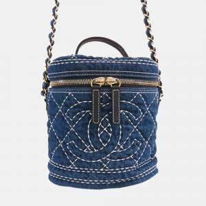 Pre Owned Chanel Blue CC Quilted Denim Vanity Bag