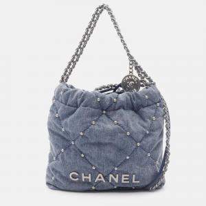 Pre Owned Chanel Blue Mini Denim Studded 22 Handbag