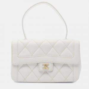 Pre Owned Chanel White Quilted Calfskin Wild Stitch Flap