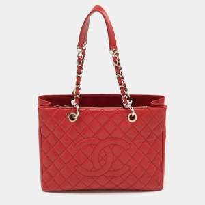 Pre Owned Chanel Red Quilted Caviar Leather GST Shopper Tote