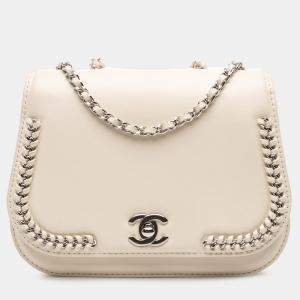 Pre Owned Chanel White Small Calfskin Braided Chic Flap