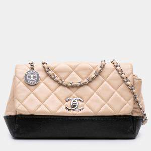 Pre Owned Chanel Beige Black CC Bicolor Quilted Calfskin and Caviar Single Flap