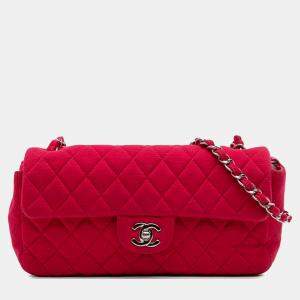 Pre Owned Chanel Pink Quilted Jersey East West Single Flap Bag