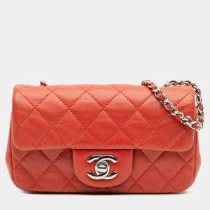 Pre Owned Chanel Red Extra Mini Rectangular Classic Lambskin Single Flap Bag
