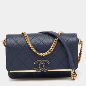 Pre Owned Chanel Navy Blue Quilted Leather and Suede Lady Coco Flap Bag