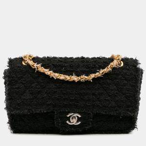 Pre Owned Chanel Black Medium Classic Tweed Single Flap Bag