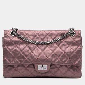 Pre Owned Chanel Pink Reissue 2.55 Aged Metallic Calfskin Double Flap Bag 226