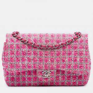 Pre Owned Chanel Pink Jumbo Classic Tweed Double Flap