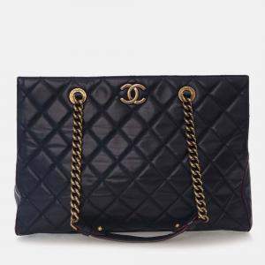 Pre Owned Chanel Navy Blue Quilted Calfskin Perfect Edge Tote