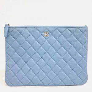 Pre Owned Chanel New Medium Blue Caviar Leather Clutch
