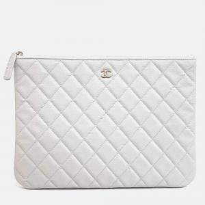 Pre Owned Chanel New Medium Grey Caviar Leather Clutch