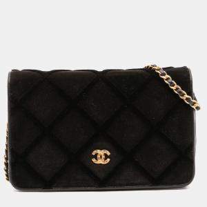 Pre Owned Chanel Black CC Quilted Velvet Wallet on Chain