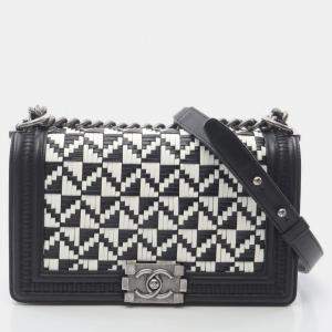 Pre Owned Chanel Boy Black White Lambskin Leather Shoulder Bag