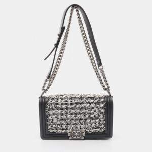 Pre Owned Chanel Boy Black White Leather and Fabric Shoulder Bag