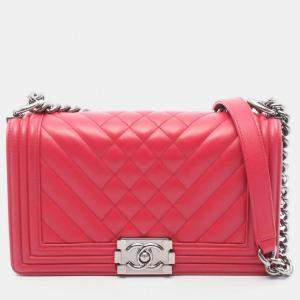 Pre Owned Chanel Boy Red Lambskin Leather Shoulder Bag