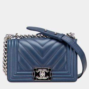 Pre Owned Chanel Boy V-Stitch Blue Lambskin Leather Shoulder Bag