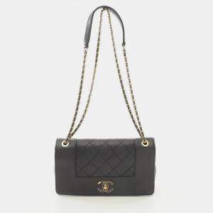 Pre Owned Chanel Mademoiselle Matelasse Black Leather Shoulder Bag