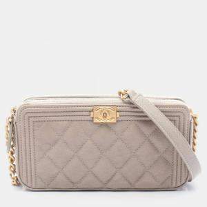 Pre Owned Chanel Boy Beige Grained Calfskin Leather Shoulder Bag