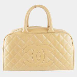 Pre Owned Chanel Coco Mark Beige Caviar Skin Leather Boston Bag