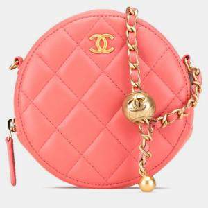 Pre Owned Chanel Coco Mark Round Pink Lambskin Shoulder Bag