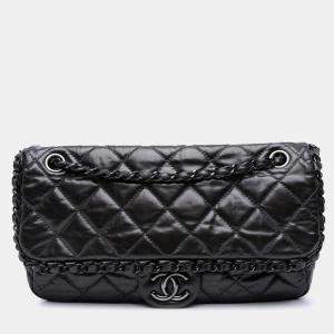 Pre Owned Chanel Grey Medium Quilted Metallic Aged Calfskin Chain Me Flap