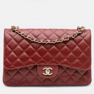 Pre Owned Chanel Red Jumbo Classic Lambskin Double Flap