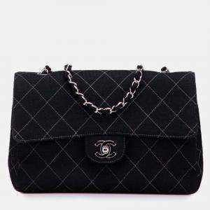 Pre Owned Chanel Black Medium Quilted Jersey Single Flap