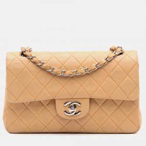 Pre Owned Chanel Beige Small Classic Lambskin Double Flap