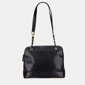 Pre Owned Chanel Black Caviar Logo Shoulder Bag