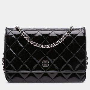 Pre Owned Chanel Black CC Quilted Patent Wallet On Chain