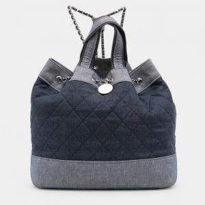 Pre Owned Chanel Blue Quilted Denim Medallion Backpack