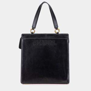 Pre Owned Chanel Black Lambskin Embroidered Logo Tote