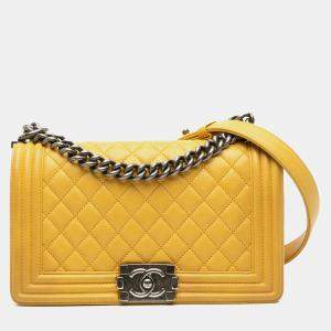 Pre Owned Chanel Yellow Old Medium Quilted Calfskin Boy Flap