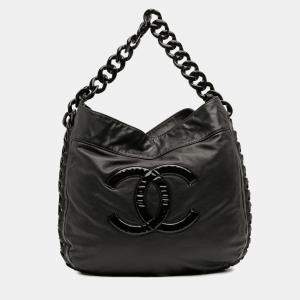 Pre Owned Chanel Black Calfskin Modern Chain Rhodoid Hobo