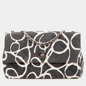 Pre Owned Chanel Black White Medium CC Quilted Printed Canvas Single Flap Bag