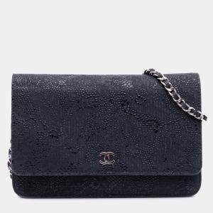 Pre Owned Chanel Blue Lace Overlay Goatskin Wallet On Chain